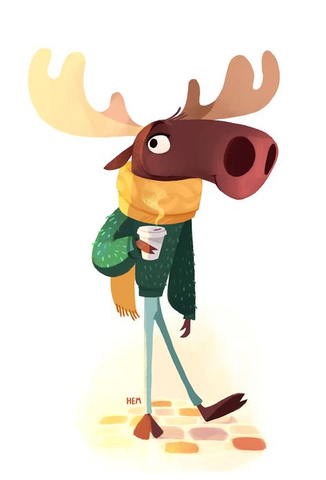 Winter Moose on Behance Moose Logo Design, Moose Cartoon, Late Night Coffee, Moose Illustration, Moose Pictures, Moose Christmas, Moose Logo, Night Coffee, Deer Illustration