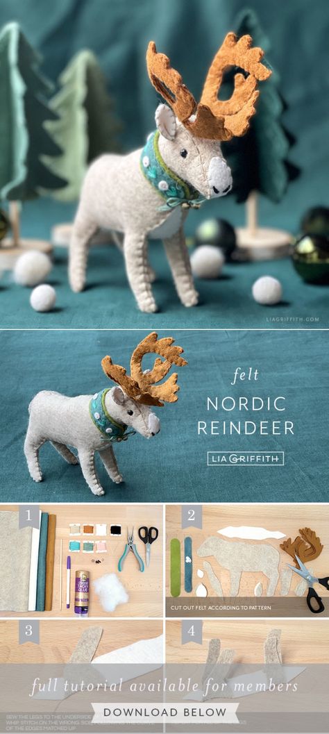 Felt Nordic Reindeer Pattern & Tutorial - Lia Griffith - created via https://pinthemall.net Felt Winter Crafts, Felt Patterns Christmas, Felt Christmas Ornaments Diy Woodland Animals, Moose Felt Ornament, Duck Ornaments Diy, Felt Christmas Toys, Felt Animal Ornaments Patterns Free, Needle Felted Deer Tutorial, Mini Felt Animals Free Pattern