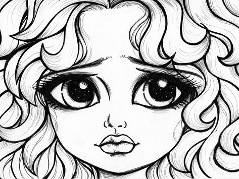 Big Eyes Girls Drawings Collection in 2020 by Miracle Valentine on Dribbble Drawing With Ink, Still Drawing, Cute Curly Hair, Curly Hair Girl, Face Painting Tutorials, Eyes Girl, Fall Canvas Painting, Big Eyes Doll, Daisy Art