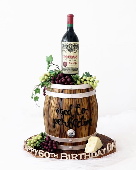 Wine Barrel Cake Ideas, Barrel Cake Design, Wine Cake Designs, Aged To Perfection Cake, Wine Barrel Cake, Wine Wedding Cake, Wine Bottle Cake, Modern Birthday Cakes, Barrel Cake