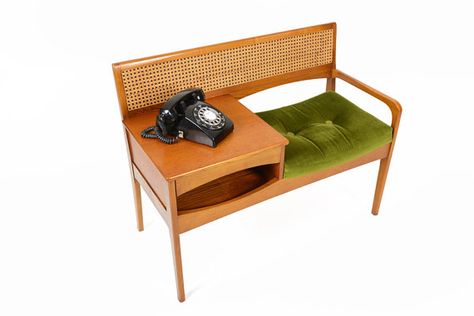 Mid Century Modern Teak Telephone Bench by by MidCenturyMobler, $875.00 Vintage Telephone Table, Telephone Bench, Bent Plywood Chair, Telephone Seat, Gossip Bench, 1950s Furniture, Mid Century Modern Bench, Telephone Table, Table Designs