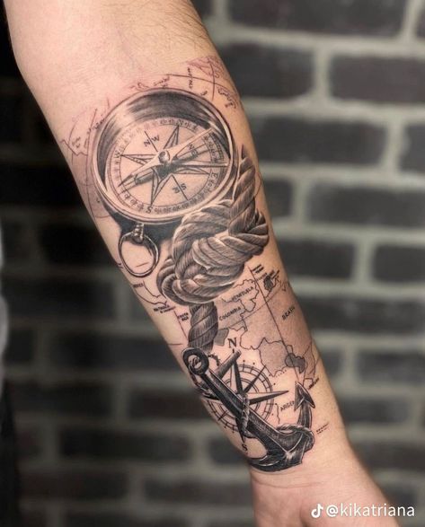 Nautical Knot Tattoo, Compas Tattoo Designs Men, Compas Tattoo, Ship Tattoo Sleeves, Anchor Compass Tattoo, Voll Arm-tattoos, Compass And Map Tattoo, Star Tattoos For Men, Rope Tattoo