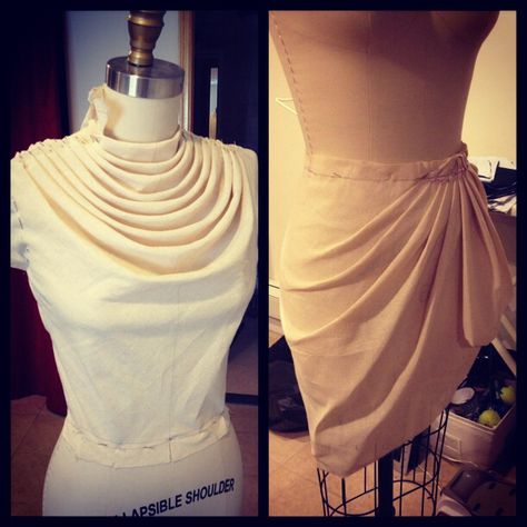 Draping a cowl on the bias, and draping a sarong skirt. Fun! #muslin #fashion #fashiondesign #madeinnyc www.facebook.com/jenestefaniakfashion www.jenestefaniak.com Muslin Draping Fashion Design, Creative Draping Fashion, Denim Fashion Illustration, Draping Fashion Design, Cowl Draping, 3d Draping, Draping Pattern, Mood Board Fashion Inspiration, Fashion Draping