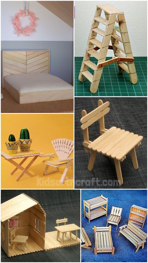 DIY Popsicle Stick Furniture Craft Tutorial - Kids Art & Craft Small Popsicle Stick Crafts, Lolly Stick Craft Ideas, Popsicle Furniture Diy, Popsicle Stick Houses Easy Step By Step, Popsicle Stick Crafts For Adults Diy Ideas, Popsicle Stick Furniture Diy, Popsicle Stick Barbie Furniture, Mini Popsicle Stick Crafts, Popsicle Sticks House Design