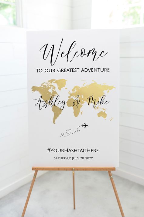 Gold World Map Wedding Welcome Sign, Travel Theme Welcome Sign Template, Wedding Welcome Sign Template, Editable Welcome Sign, TT1 - Etsy World Travel Wedding Theme, Travel The World Wedding Theme, Met Online Wedding Theme, Travel Inspired Wedding Decoration, Travel Wedding Decor, Where In The World Are You Sitting, Travel Wedding Theme Ideas, Travel Wedding Ideas, Travel Themed Wedding Ideas