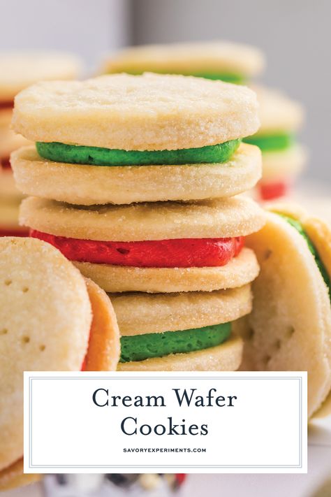 These cream wafer cookies hold a special place in my heart and bring back a tinge of nostalgia during the holiday season! Parisian Cream Wafers 12 Tomatoes, Cream Wafer Cookies Recipe, Cream Wafer Cookies, Wafer Cookies Recipe, Wafer Sandwich Cookies, Wafer Cookie Recipe, Cream Wafers, Vanilla Meringue Cookies, Trail Mix Cookies