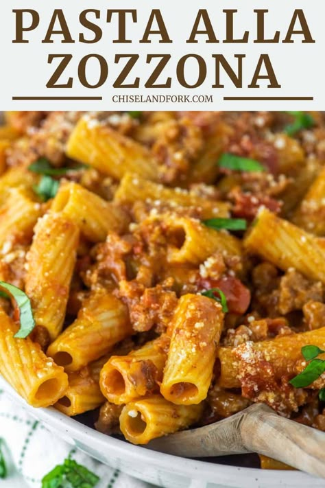 A mash-up of three famous pasta dishes, amatriciana, cacio e pepe and carbonara, this pasta alla zozzona is an eruption of flavor. #pastaallazozzona #pasta #rigatoni | chiselandfork.com Pasta Rigatoni, Gourmet Pasta, Italian Pasta Dishes, Mild Italian Sausage, Italian Pasta Recipes, Best Pasta Recipes, Pasta Dinners, Pasta Dinner Recipes, Italian Pasta