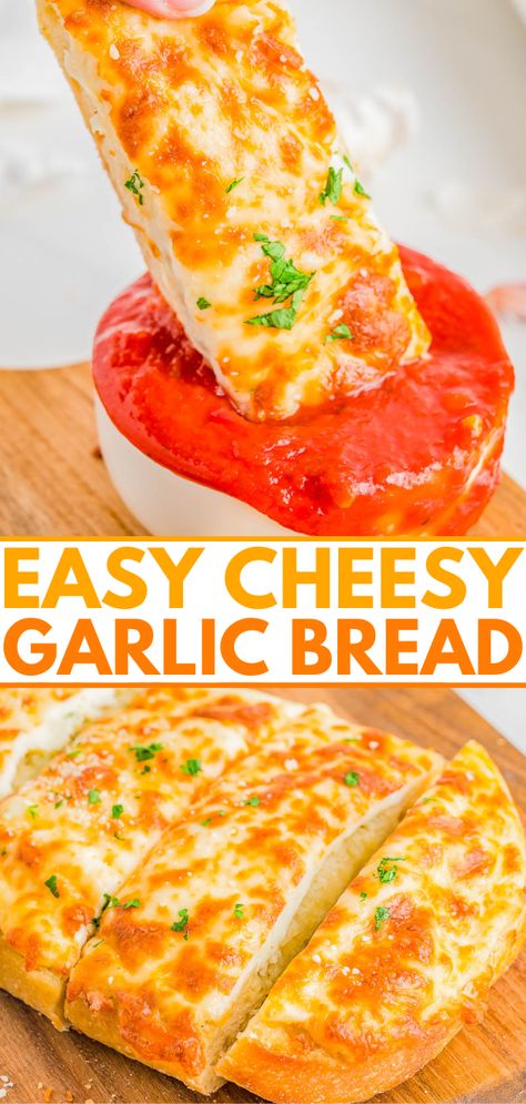 Easy Cheesy Garlic Bread - French bread that's been brushed with melted garlic butter and Italian seasoning, then topped with mounds of mozzarella and Parmesan cheeses, and baked to perfection is what this EASY appetizer, snack, or side is all about! Garlic bread with cheese is a family favorite that no one can resist and ready in just 15 minutes!'s been brushed with melted garlic butter and Italian seasoning, then topped with mounds of mozzarella and Parmesan cheeses, and baked to perfection is Garlic Bread With Cheese, Easy Cheesy Garlic Bread, Mozzarella Bread, Bread With Cheese, Cheesy Garlic Bread Recipe, Bread French, Averie Cooks, Garlic Cheese Bread, Garlic Bread Recipe