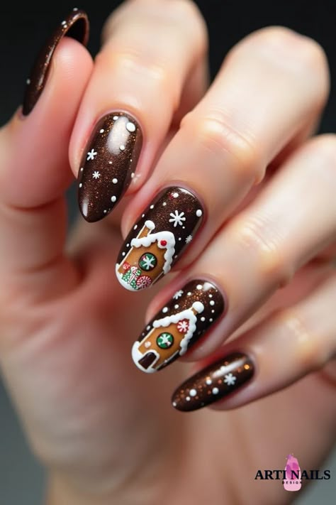 Gingerbread house holiday nails. Gingerbread Nail Art Designs, Gingerbread Men Nails, Whimsical Nail Designs, Gingerbread House Nails, Gingerbread Nail Art, Gingerbread Nails, Gingerbread House Designs, Classy Nail Designs, Nail Art Inspo