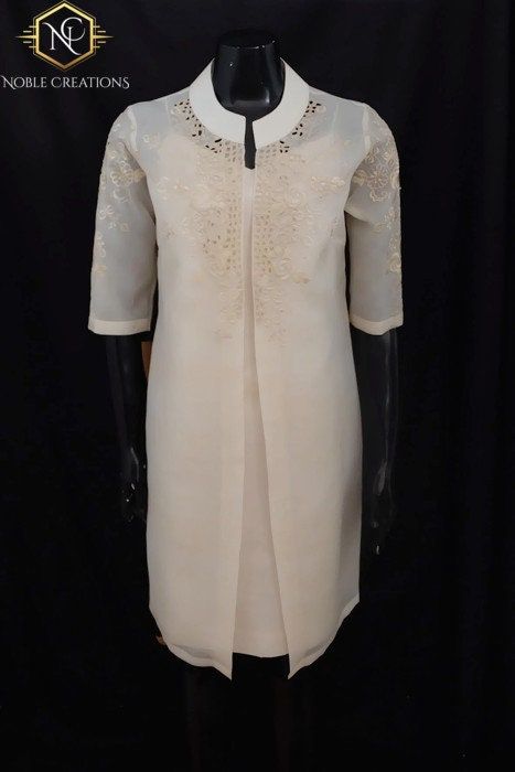 TUNIC BLAZER in COCOON Silk - Embroidered Modern Filipiniana Barong Tagalog Philippine National Costume Filipino Filipina - Beige Philippine National Costume, Barong Tagalog For Women, Barong Dress, Modern Barong, Modern Filipiniana Gown, Modern Dress Patterns, Cocoon Silk, Modern Filipiniana Dress, Filipiniana Wedding