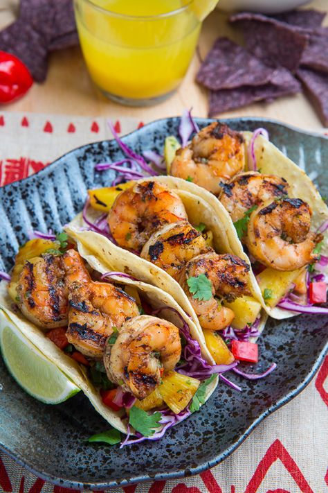 Jerk Shrimp Tacos with Pineapple Salsa, Slaw and Pina Colada Crema Jerk Shrimp Tacos, Shrimp Tacos With Pineapple Salsa, Tacos With Pineapple Salsa, Tacos With Pineapple, Jerk Shrimp, Crema Recipe, Shrimp Taco, Shrimp Taco Recipes, Recipes Shrimp