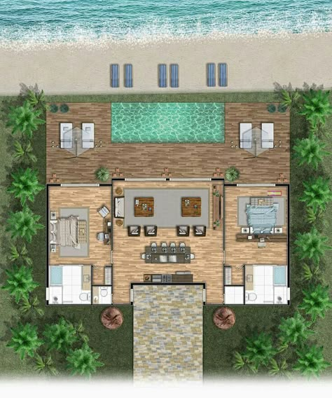 Beach House Floor, Beach House Flooring, Beach House Floor Plans, Pool House Plans, Relaxing Beach, Bali House, Sims House Plans, Resort Design, House Layout Plans