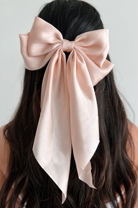 Hello Lovely Barrette Hair Bow (Pale Pink) - NanaMacs Satin Headband Hairstyles, Pink Silk Bow, Bow Ideas For Hair, Light Academia Accessories, Moños Aesthetic, Hair Bows Aesthetic, Bow Clip Hairstyle, Pink Bow In Hair, Different Types Of Bows