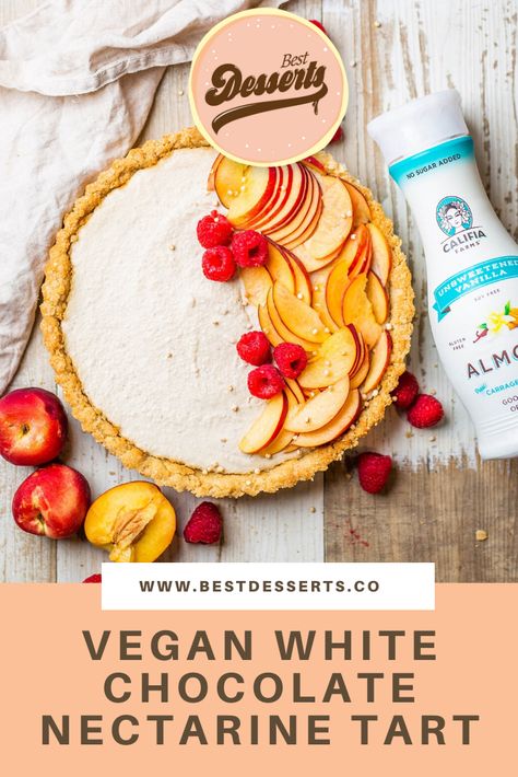 “Yellow flesh nectarines will also work but for this recipe I think white gives a better flavour as it pairs incredibly well with the beautiful vanilla flavour coming from Califia Farms Unsweetened Vanilla Almond milk. This was actually the first time I have tried a vanilla plant milk. I fell in love as soon as I opened the bottle and could smell the vanilla. I can’t wait to use it for more recipes and drinks now.” #dessert #recipe White Chocolate Tart Recipe, Nectarine Tart, White Chocolate Cranberry Tart Recipe, Vegan Lemon Tart, White Chocolate Fruit Tart, Vanilla Plant, Vegan White Chocolate, Vanilla Milk, Vanilla Almond Milk