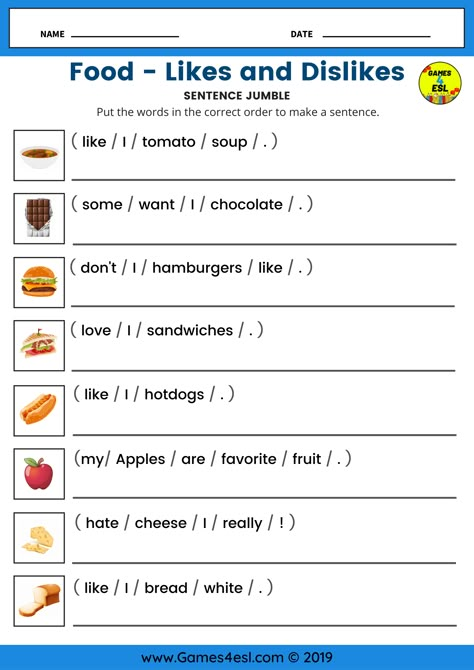 This ESL worksheet is to practice English vocabulary about food and about likes and dislikes.   This worksheet features 8 food pictures and 8 sentences. Students must unscramble the words to make the correct sentence. Like Likes Worksheet, Make Sentences Worksheet, Unscramble Sentences Worksheets, Likes And Dislikes Worksheets, Esl Worksheets For Beginners, Ingles Kids, Making Sentences, Unscramble Words, Teach English To Kids