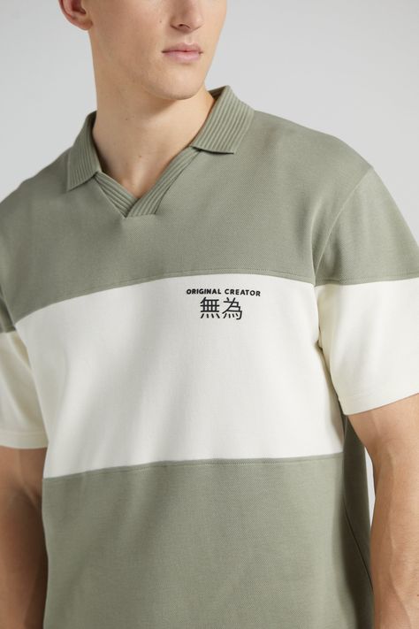 Slate Green Colour Block Pique Polo Shirt - Original Creator Simple T Shirt Design, Polo Shirt Design Ideas, Wu Wei, Slate Green, Tee Ideas, Oversized Polo, Polo Shirt Style, Men Polo Shirt, Polo Shirt Design