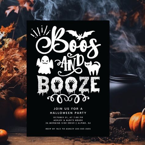 $2.80 | Boos and Booze Adult Halloween Party #boos and booze, halloween, halloween party, adult halloween party, black and white, ghost, drinks, funny, modern, typography Adult Halloween Invitations, Adult Halloween Party Invitations, Black And White Typography, Halloween Party Invitation, White Ghost, Adult Halloween Party, White Typography, Halloween Party Invitations, Holiday Party Invitations