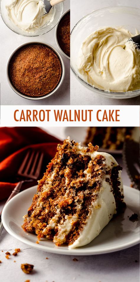 Carrot Walnut Cake Recipe - Incredibly moist and flavorful carrot cake filled with crunchy walnuts and covered in a smooth and creamy cream cheese frosting. This moist carrot and walnut cake recipe will have you coming back for seconds! Carrot Cake Walnut, Carrot And Walnut Cake Recipes, Carrot Cake With Walnuts Recipe, Carrot Cake Filling, Chocolate Mousse With Cocoa Powder, Quick Chocolate Mousse, Walnut Carrot Cake, No Bake Chocolate Mousse, Carrot Walnut Cake