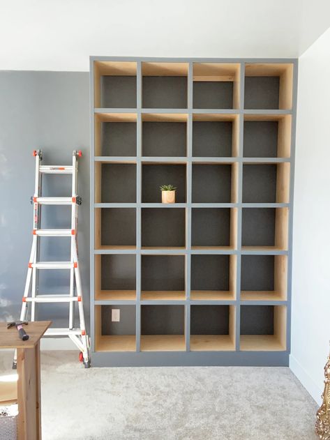 Floor To Ceiling Cubby Storage, Floor To Ceiling Cube Storage, Cube Shelf Built In, Built In Cubbies In Wall, Built In Cube Storage, Built In Kallax Shelves, Small Built In Bookshelves, Wall Cubby Decor Built Ins, Easy Built In Bookshelves