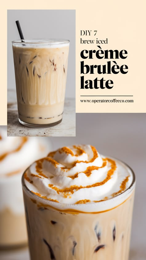 Love ordering 7 Brew coffee? 🥤 Bring their Crème Brulée Latte magic home with this iced coffee recipe! Combining toasted marshmallow syrup, vanilla syrup, and English toffee syrup with double shots of espresso and whole milk, this light-ice recipe is made for fans of the 7 Brew aesthetic. Perfect for any season, from summer to winter, it’s easy to make and delicious to drink! 🌟 Show off your DIY barista skills and whip up this popular 7 Brew drink at home! #7BrewRecipes #CoffeeDIY Cold Brew Flavors, Iced Coffee Recipes At Home Easy, Ninja Dualbrew Pro Coffee Recipes, Cafe Bustelo Recipe, Easy At Home Coffee Recipes, At Home Iced Latte Recipes, Espresso Latte Recipes, Breville Espresso Machine Recipes, Cold Brew Recipes Drinks