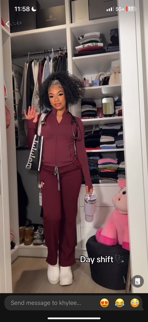 Nurse Off Duty Outfit, Nurses Outfits Scrubs, Phlebotomy Outfits, Phlebotomist Outfit, Maroon Scrubs Outfit, Nurse Scrubs Outfits Black Women, Baddie Scrubs Outfit, Medical Receptionist Outfit Scrubs, Baddie Nurse Aesthetic