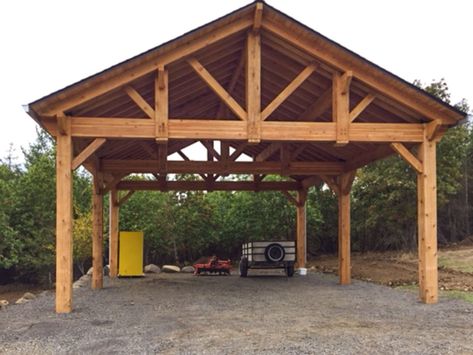 In the beautiful State of Oregon, the Bush family installed their solid Cedar wood Pavilion Kit. They are delighted with their pavilion to cover their recreational camper. It is also large enough to cover their truck, tractor and some farm equipment. Recreational vehicles, trucks, tractors and farm equipment are all big investments. Whether Country Carport Ideas, Carport Guest House, Cottage Carport, Detached Carport Ideas, Plan Carport, Diy Pavilion, Free Standing Carport, Carport Addition, Rv Shelter