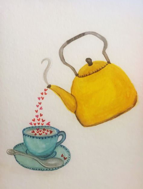 Tea Cup Painting Ideas, Tea Art Illustration, Cup Of Tea Drawing, Tea Cup Drawing, Beginner Drawing Lessons, Tea Pots Art, Girly Wall Art, Diy Watercolor Painting, Diy Watercolor