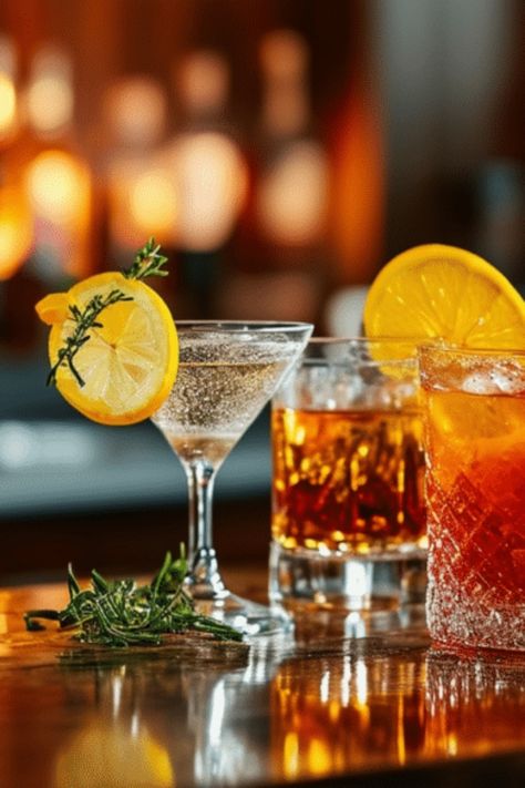 Des cocktails à base de vermouth garnis de tranches d'agrumes et d'herbes sur un bar en bois éclairé pour une soirée sophistiquée. Vermouth, Negroni, Aperol Spritz