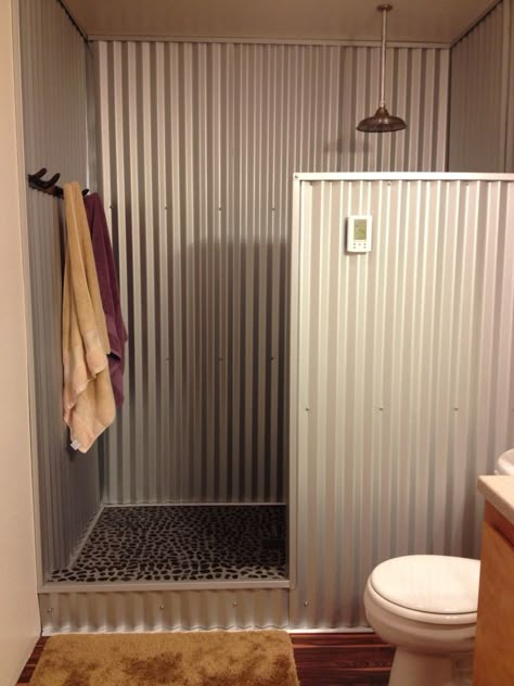 q anyone use barn tin for a shower, bathroom ideas, repurpose building materials, repurposing upcycling, Photo from Pinterest Makeover Kamar Mandi, Barn Tin, Cabin Bathrooms, Rustic Bathroom Designs, Casa Country, Decor Ikea, Casa Container, Rustic Bathrooms, Outdoor Bathrooms