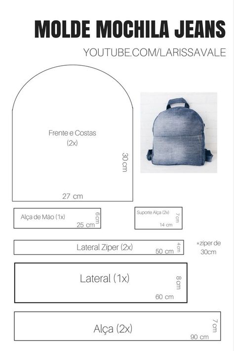 8 Moldes Para Hacer Mochilas Mochila Jeans, Pola Topi, Backpack Pattern Sewing, Backpack Tutorial, Projek Menjahit, Baby Rosa, Denim Backpack, Leather Bag Pattern, Diy Backpack