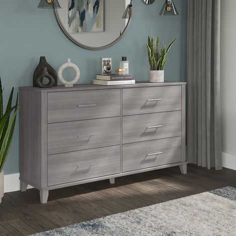 Enhance your bedroom organization with the Dresser. Dresser Bed, Grey Dresser, Queen Size Headboard, Drawer Design, Gray Bedroom, Bedroom Furniture Dresser, Bush Furniture, Double Dresser, Dresser Decor