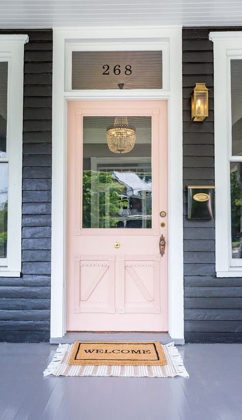 Blush Pink Door Exterior, Pink Door Cottage, Pink Door Paint Color, Pinkfront Door, Different Color Front Doors, Historic Front Doors, Blush Front Door Paint Colors, Blush Pink Door, Blush Pink Front Door