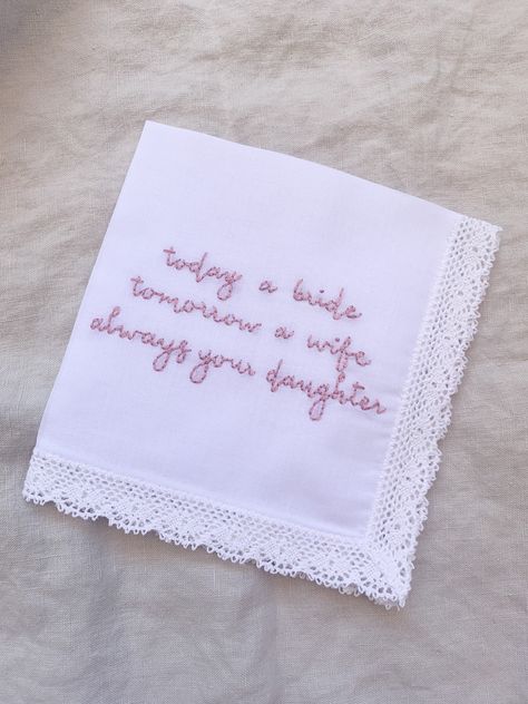 Hand Embroidered Gifts, Bride Quotes, White Handkerchief, Brides Mom, Mom Quote, Wedding Hankies, Wedding Gifts For Parents, Mother Of The Bride Gift, Mom Wedding Gift