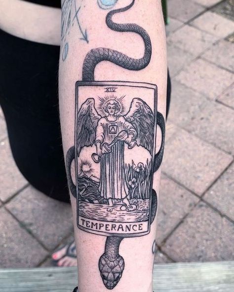 Temperance Tarot and freehand snake by @mitchelltattoo Adam And Eve Tattoo, Tattoo Tarot Card, Art History Tattoo, Tatoos Art, Eve Tattoo, Sin Tattoo, Temperance Tarot Card, Abrahamic Religions, Temperance Tarot