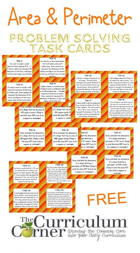 Finding Area & Perimeter Task Cards FREE from The Curriculum Corner Finding Area, Task Cards Free, Area Perimeter, Math Madness, Math Measurement, Fifth Grade Math, Area And Perimeter, Math Tasks, Math School