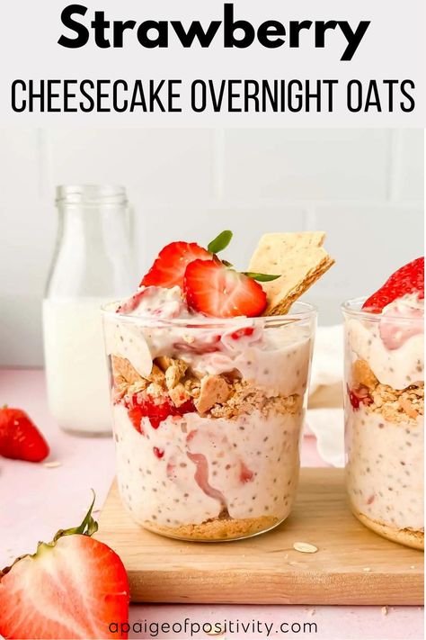 Strawberry Cheesecake Overnight Oats combine the rich, creamy flavors of your favorite cheesecake with the sweetness of fresh strawberries, creating an indulgent (yet healthy!) and wholesome breakfast. Cheesecake Overnight Oats Healthy, Strawberry Cheesecake Oats, Strawberry Cheesecake Overnight Oats, Cheesecake Overnight Oats, Jello Cheesecake, Greek Yogurt Breakfast, Wholesome Breakfast, Strawberry Overnight Oats, Breakfast In A Jar