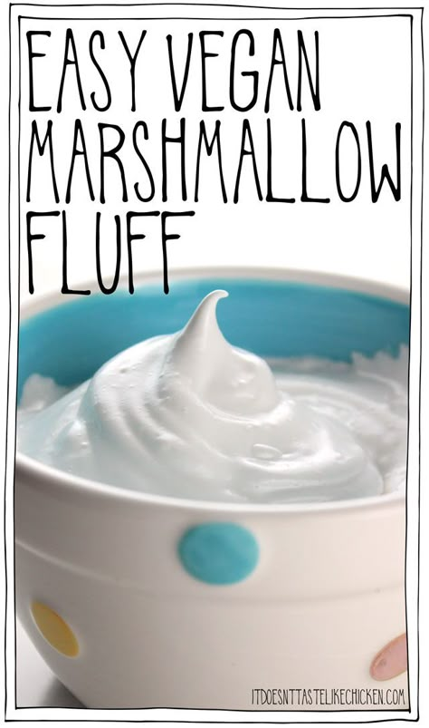 Just 4 ingredients make this easy vegan marshmallow fluff that taste just like marshmallows and can even be toasted for the perfect s'more! #itdoesnttastelikechicken #vegan #food #glutenfree #dairyfree #vegetarian #cleaneating #foodgasm #healthyfood #veganfood #veganrecipes Vegan Marshmallow Fluff, Marshmallow Fluff Recipe, Marshmallow Fluff Recipes, Vegan Meringue, Vegan Hot Chocolate, Vegan Marshmallows, Fluff Recipe, Brownie Desserts, Cake Vegan