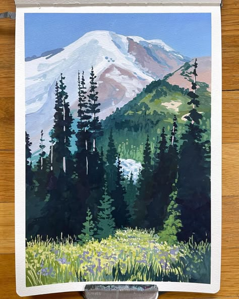 Gauche Landscape Painting, Mount Rainier Painting, Gouache Mountain Painting, Gouache Painting Mountains, Gouache Painting Landscape, Guash Painting Ideas, Gouche Painting Landscapes, Gouache Mountains, Gouache Art Landscape