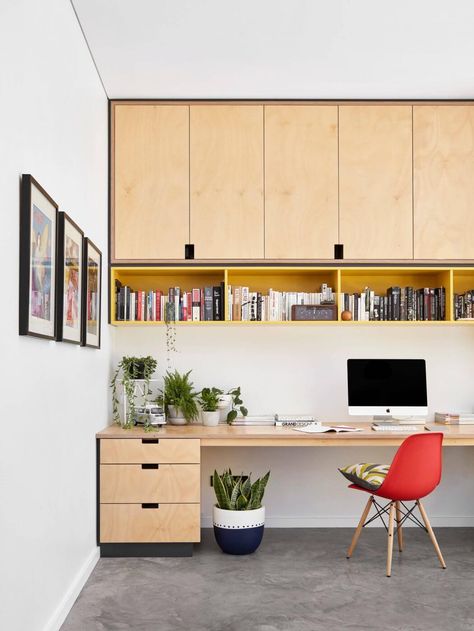 Home Office Plywood, Plywood Home Office, Plywood Office Design, Office Cabinet Design Modern, Study Room Decor Ideas, Plywood Bookshelf, Plywood Office, Aesthetic Home Decor Ideas, Interior Kantor