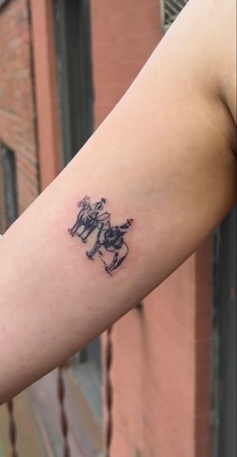 Found it on tiktok Spirit Horse Movie Tattoo Ideas, Best Friend Cowgirl Tattoos, Almost Famous Tattoo Ideas, Cute Small Western Tattoos For Women, Bronc Riding Tattoos, Western Star Tattoo, Cowboy Lasso Tattoo, Cowboy Angel Tattoo, Good Mythical Morning Tattoo