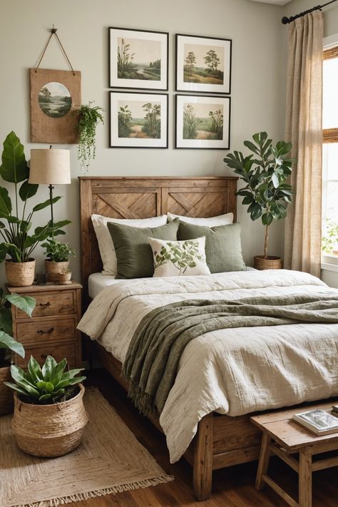 20 Cozy Cottage Bedroom Ideas For a Warm Atmosphere – ToolzView Green Accent Master Bedrooms Decor, Indoor Garden Bedroom, Green Country Bedroom Ideas, Plant Guest Bedroom, Bedroom Ideas Plants Simple, Neutral Room With Green Accents, Green Cottage Bedroom Ideas, Bright Earthy Bedroom, Easy Guest Bedroom Ideas