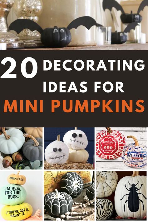 20 mini pumpkin decorating ideas for halloween Mini Pumpkins Decorating, Paint Mini Pumpkins Ideas, Ideas For Painting Pumpkins Easy, Mini Pumpkin Decor, Tiny Pumpkin Ideas, Decorating Mini Pumpkins, Painting Small Pumpkin Ideas, Decorate Small Pumpkins, Tiny Pumpkin Decorating Ideas