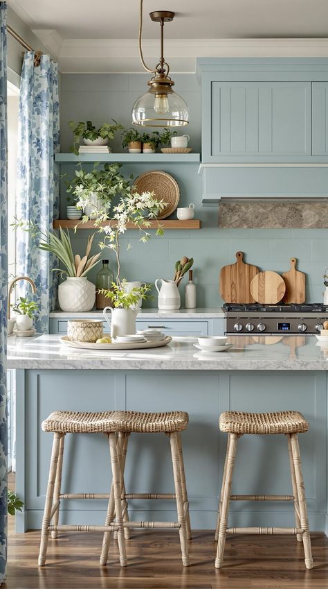 Coastal Kitchen Designs Blue Coastal Kitchen, Seagrass Bar Stools, Small Coastal Kitchen, Coastal Kitchens, Coastal Kitchen Design, Kitchen Environment, Beach Kitchen, Coastal Interior, Blue Backsplash