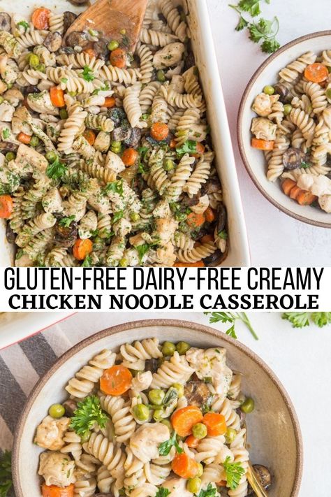 Creamy Chicken Noodle Casserole, Gluten Free Dairy Free Dinner, Gluten Free Casserole, Creamy Chicken Noodle, Dairy Free Recipes Dinner, Chicken Noodle Casserole, Gluten Free Noodles, Dairy Free Dinner, Noodle Casserole