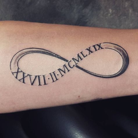 Best Roman Numeral Tattoo Ideas |  roman numeral tattoo couple ideas Roman Numeral Tattoo With Infinity Sign, Infinity Tattoo With Anniversary Date, Roman Numeral Infinity Tattoo, Couple Date Tattoo Ideas, Infinity Tattoo With Birthdate, Infinity Date Tattoo, Infinity Tattoo With Roman Numerals, Wedding Date Tattoo Ideas Roman Numerals, Roman Numeral Tattoo Couple