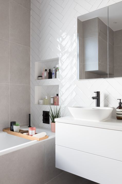 Bathroom With 2 Different Wall Tiles, Grey And White Bathroom Tiles Ideas, Bathroom With White Wall Tiles, Bathroom Glossy Tiles, Diagonal Tile Shower Wall, White Bath Cabinets, Bathroom Tiles Ideas White, White Tiling Bathroom, White Tiles Bathroom Walls