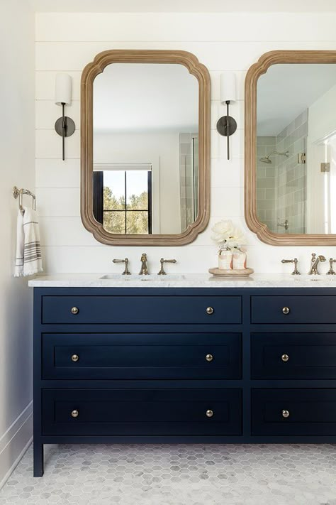 Bathroom Blue Countertop, Master Bathrooms With Navy Blue Vanities, Midnight Blue Cabinets Bathroom, Navy Blue Bathroom Vanity Silver Hardware, Guest Bathroom Ideas Blue Vanity, Dark Blue Farmhouse Bathroom, Navy Blue Bathroom Vanity Black Hardware, Navy Accent Bathroom, Naval Bathroom Cabinets