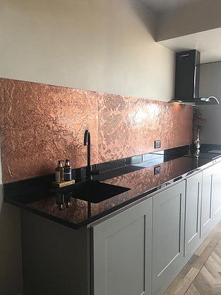 Copper Splashback Kitchen, Copper Splashback, Veneer Kitchen, Brick Tile Floor, Kitchen Feature Wall, Copper Tile Backsplash, Copper Kitchen Backsplash, Kitchen Splash Back, Copper Interior