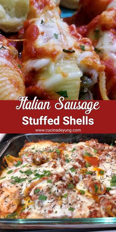 Italian Sausage Stuffed Shells, Ground Italian Sausage Recipes, Sausage Stuffed Shells, Shell Pasta Recipes, Stuffed Shells Ricotta, Shells Recipe, Italian Sausage Recipes, Ground Italian Sausage, Baked Pasta