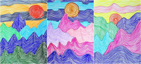 Lines can depict any shape; they can create tridimensional effects and give the perception of movement. I did this drawing with 6th grade students, in order to create a mountain landscape using jus… Line Art Mountains, Line Art Projects, Art Mountains, 6th Grade Art, Project Plan, 4th Grade Art, 5th Grade Art, 3rd Grade Art, Homeschool Art